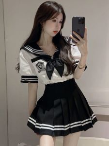 Summer Japanese Style JK Uniform Set Womens College Fashion Short Sleeve Shirt Navy Collar Pleated Skirt Two-Piece Set