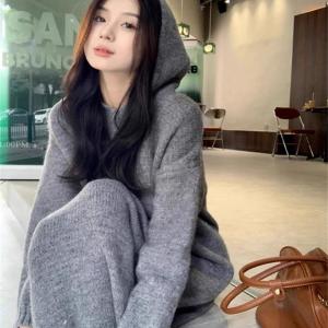 Long Base Knitting Dress Womens Fall and Winter New Arrival Match with Coat Inner Wear Loose and Idle Hooded Sweatshirt Woolen Skirt