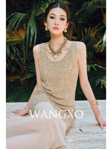 WANGXO | Bộ Đầm Kni Co Dãn Chiffon Patchwork Satin