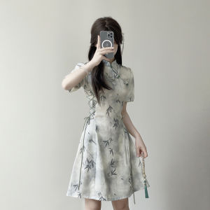 Ting Yue Ling New 2025 Young Style Small Size Cheongsam Dress Chinese New Style Girl Summer Elegant Long Middle Length Qipao Short Sleeve Scissors Cut