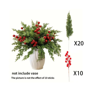 Artificial Red Berry Stems - Realistic Plastic Christmas Tree Decorations with Green Leaves & Red Berries Durable Holiday Ornam