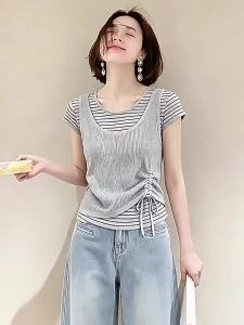 Loowmane | Pleasant Cool Ice Silk Short Sleeve T-shirt U-Neck Drawstring Design Womens Summer