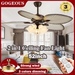 GOGEOUS 52inch ceiling fan with light moden retro ceiling fan with led lights with remote 3 colors dimming 6 speed wind ceiling fan heavy duty ceiling fan big size ceiling fans for living room dinning bedroom office