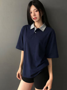 ZHUOCAN | Áo Polo Cổ Trụ Màu Hải Quân cho Đôi
