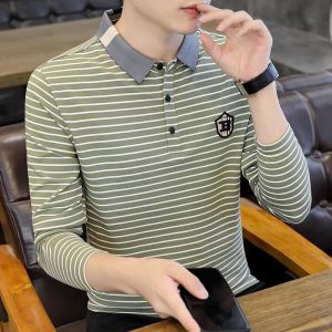 Export Big Sale ~ Stripes Long Sleeves Polo Shirt Mens Pearl Cotton Autumn Heavy Weight Lapel T-Shirt Casual Long Sleeves Mens Top