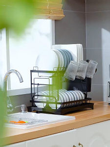 2 Tier Dish Drying Rack Dish Drainer Organizer Foldable Plate Drying Rack Tableware Shelf Drainer Carbon Steel Storage Holder with Drip Tray