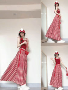 CHANGTONG | Vacation Style Red Knit Top and Skirt Set