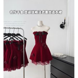 Nanli Xiangmingling Christmas Dress Elegant French Lace Short Skirt One Shoulder Womens Autumn Winter Fashion Dress