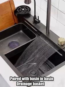 Kitchen black nano thickened rain waterfall stainless steel sink household hand sink washing basin large single sink