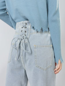 High Waist Loose Wide Leg Jeans Womens Light Blue Belted Straight Cut Trousers Long Pants Cotton Polyester Blend All Seasons