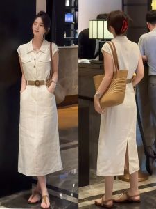 French Elegant White Short Sleeve Dress Womens Summer 2025 New Waist Cinching Slit Long Skirt Polo Dress Polka Dot Pattern