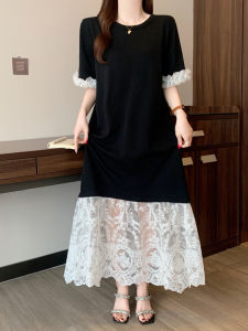 AIYITI | Lace Panel Short Sleeve Dress T-shirt Dress Slimming Loose Plus Size