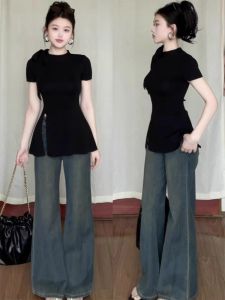 เสื้อยืดแขนสั้นผู้หญิงทรงเข้ารูปสไตล์ฝรั่งเศส แขนสั้นปิดด้วยโบว์ผีเสื้อ สีดำ ทรงเข้ารูป สำหรับฤดูร้อน