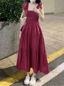 Sweet Korean Style Beach Vacation Off-Shoulder Long Dress Womens Summer New High Waist Fresh Style Short Sleeve A-Line Dress