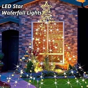LED Star Waterfall Lights Solar String Lights Hanging Waterproof Colorful Lamp Decoration Outdoor Christmas Party Atmosphere Lights