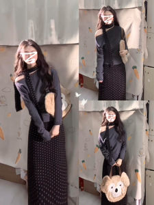 Homecore | Elegant Black Dots Half Body Long Dress Two-Piece Set