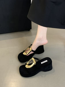 Jiji Studios Thick Heel Slippers for Women Summer Outdoor Wear Soft Sole Metal Buckle Sandals Casual Style Low Cut Ultrafine Fiber Leather