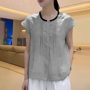 Shalldoer | Chic Loose Fit Summer Shirt Womens Grey Color Block Short Sleeve Breathable Casual Style Fashionable Spring Autumn Top