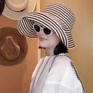 Foldable Summer Striped Fishing Cap Womens New Long Sun Protection Hat Fashionable Bucket Hat Large Head Circumference Sun Hat