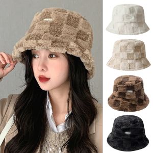 Fashion Winter Girl Boy Bucket Hat Lamb Wool Letter Fisherman Hat Plaid Flat Top Hats Outdoor Thick Warm Panama Cap For Women