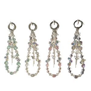 Fashionable and elegant crystal phone chain light luxury pearl car keychain ins style high-end alloy bag decoration