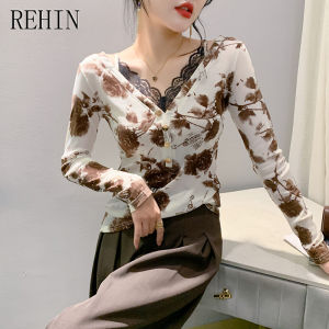 REHIN Autumn and winter new fashion lace splicing mesh V-neck long sleeve shirt slimming base shirt blouse for women