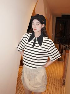 Summer 2024 Anti-Aging Doll Collar Casual Loose Striped Short Sleeve Pure Cotton T-Shirt Womens Fashion Polo Neck Top