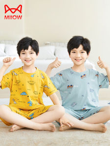 Catman Boys Summer Lightweight Pure Cotton Sleepwear Set Childrens Home Clothes Short Sleeve round Neck Breathable Loose Fit