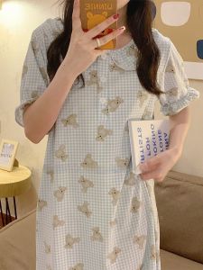 Summer Thin Pure Cotton Plaid Sleep Dress Womens Short Sleeve Home Clothes Pyjamas Student Can Wear Outdoors Sweet Style