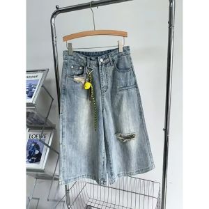 Retro American Washed Denim Jeans Womens High Waist Slimming Wide Leg Seven-Foot Pants Cotton Straight Cut Commute Style