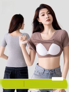 MiiOW | Áo thun nữ tay ngắn màu xám một mảnh vai áo ngực cỡ lớn co giãn thoải mái thời trang mùa hè 2024 MiiOW Cat Person