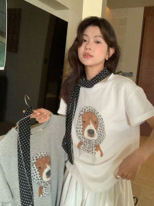 DUOFEIYAN | Dog Print T-shirt with Scarf Short Sleeves