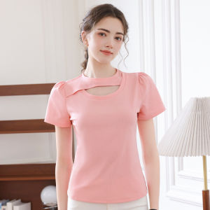 MAIMEI | Casual Round Neck Hollow Out Short Sleeve T-Shirt Womens Base Shirt Moms Summer New Style Age Reduction Cotton Blend Top