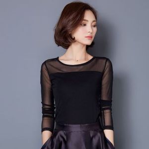 Black Lace Long Sleeve Base Shirt Womens Inner Wear Autumn Fashion Small Shirt Mesh Underwear Casual Commute Slim Fit T-Shirt