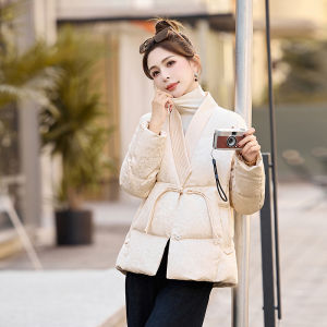 Young Chinese Style down Jacket Womens V-neck Fashionable Embroidered Winter Coat Thickened White Duck Feather Long Sleeve