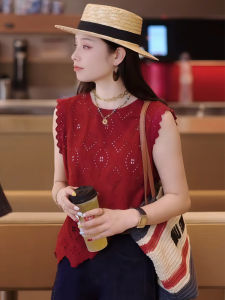 Shalldoer | Red Lace Trim Hollow Out Vest Shirt Womens Summer New Design Sensation Outerwear Sleeveless Top Fashionable Versatile Style