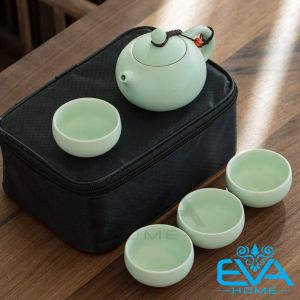 Bộ Ấm 4 Chén Trà Men Nhữ Diêu Màu Xanh Ngọc Nhạt Kèm Túi Đựng Sang Trọng