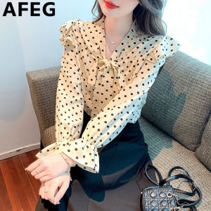 AFEG Korean style bow ruffled fashion loose all-match polka dot chiffon long-sleeved blouse for women