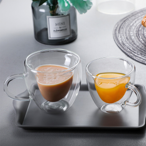 ถ้วยกาแฟรูปหัวใจ แบบสองชั้น มินิมอล ถ้วยน้ำผลไม้สไตล์แฟชั่น Creative glass