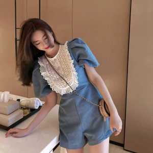 Summer French Style Womens High Waist Slim Fit Denim Short Sleeve Romper Set with Shorts Sweet Wide Leg Pants Lace Splice