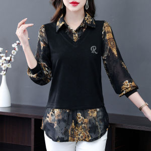 เสื้อเชิ้ตแขนยาวสองชิ้นสำหรับผู้หญิง แฟชั่นฤดูใบไม้ร่วง 2025 ใหม่ สง่างาม สำหรับคุณแม่ วัยกลางคนและผู้สูงอายุ เสื้อผ้าทำงานสไตล์ย้อนยุค