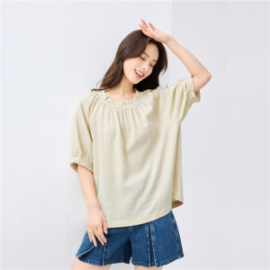 Giordano Womens Bubble Fabric Texture Short Sleeve round Neck Shoulder Insertion Shirt Loose Fit Princess Style Sweet Wind