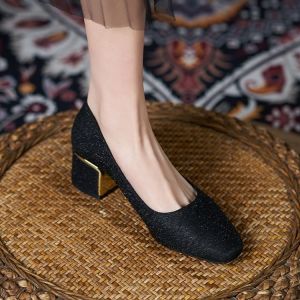 Wide Width High Heels Womens Shoes Spring Autumn Square Head Thick Heel Shoes Fashionable Korean Style Flat Bottom Rubber Sole