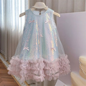 2-7 Years Girls Tulle Fairy Princess Dress Summer Sleeveless Butterfly Star Sequined Children Puffy Skirt Birthday Party Gift