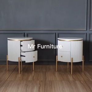 Meja Nakas Silinder Salur Duco Putih Laci Dua