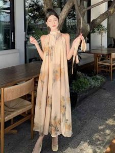 New Chinese Style Long Slimming Vest Dress Women Summer Vacation Loose Fit Casual A-Line Skirt Maxi Dress Neck Hanging