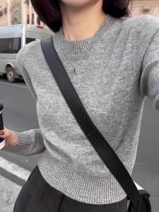 Gray Short Knitted Sweater Base Shirt Womens Fashion Shoulder Inner Wear 2024 New Autumn Winter High End Style Korean Version