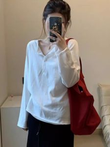 Ladies Loose Long Sleeve T-Shirt Half Open Collar Base Shirt Inner Wear Spring Autumn Casual Style Comfortable Breathable