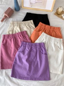 High Waist Candy Colored Casual Denim Half Skirt A-Line Short Skirt Womens plus Size Elastic Waist Summer 2025 Korean Style