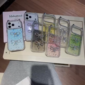 3D โบว์เพชร ประกายดาวสีชมพู เคสแข็งสำหรับ iPhone 11 12 13 14 15 16 17 Pro Max เคสฝังขอบเพชรป้องกันการตกสำหรับเคส iPhone 13